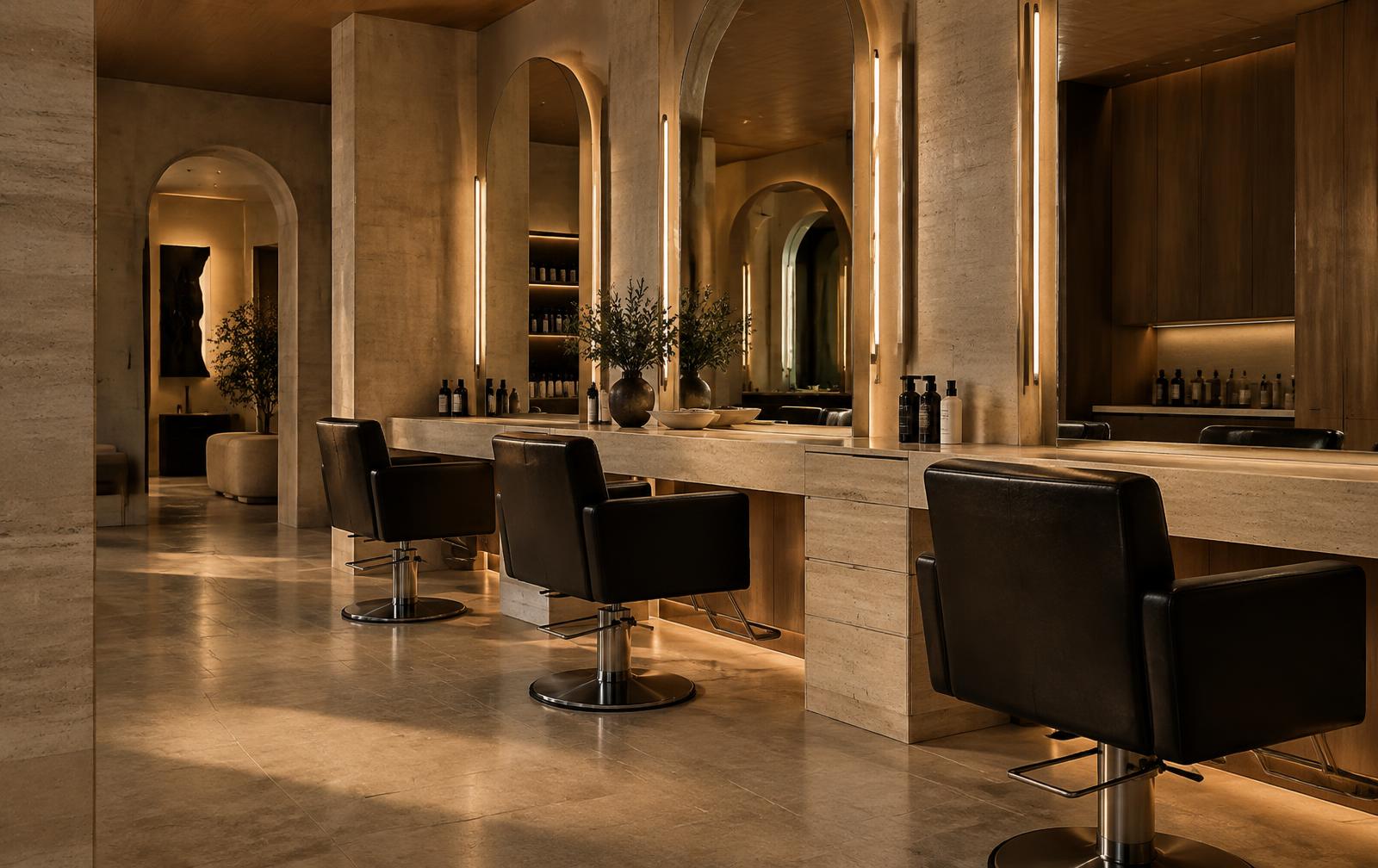 Atelier mit gewölbten Spiegeln und schwarzen Salonstühlen